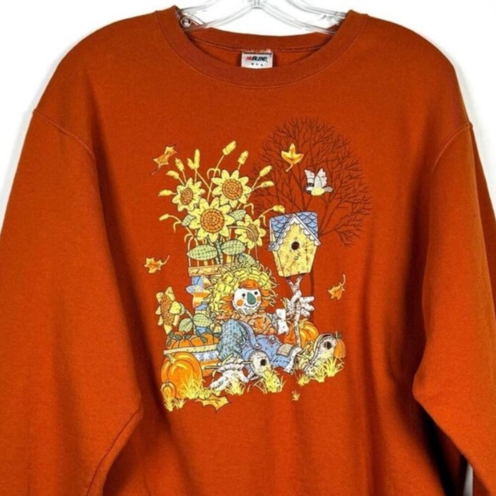 Vintage 90s Jerzees Orange Sweatshirt Scarecrow Fall Scene Women's Size M